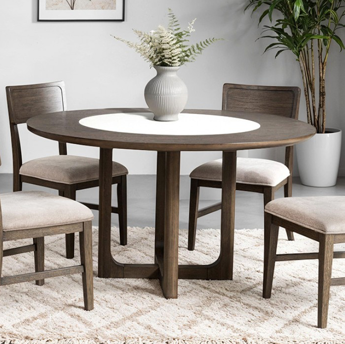 Vellara Transitional 5-Piece Round Dining Set with Stone Top – Dark Walnut
