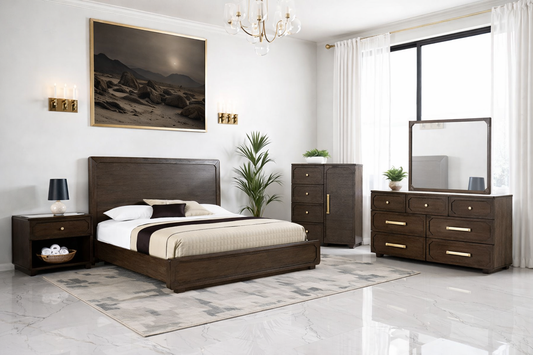 Vellara Transitional Wood King Panel Bed with LED Headboard – Dark Walnut - Finally Home Furnishings LLC