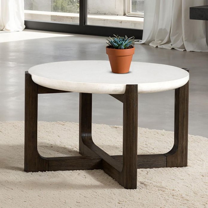 Vellara Transitional 25” Cocktail Table with Quartz Stone Top – Dark Walnut - Finally Home Furnishings LLC