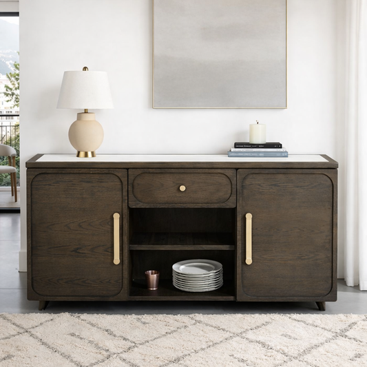 Vellara Transitional Hutch & Buffet with Stone Top & Gold Hardware – Dark Walnut - Finally Home Furnishings LLC