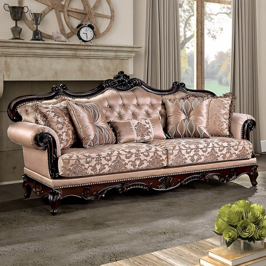 Veracruz Traditional Sofa & Loveseat Set with Wood Trim - Light Brown & Dark Cherry