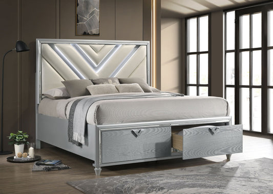 Veronica Queen Platform Storage Bed With Upholstered LED Headboard Light Silver