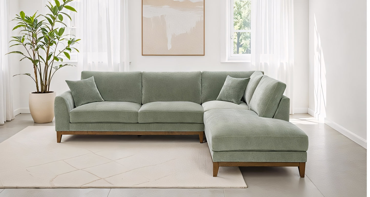 Watton Mid-Century Modern Olive Green Chenille Sectional Sofa with Walnut Wood Trim