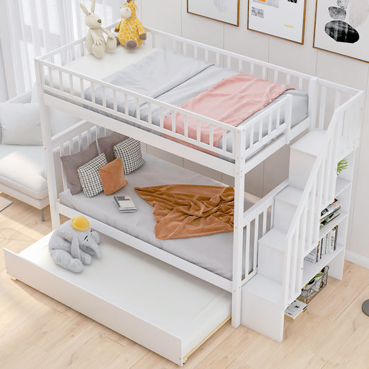 WM Store Twin over Twin Bunk Bed with Trundle and Storage, White