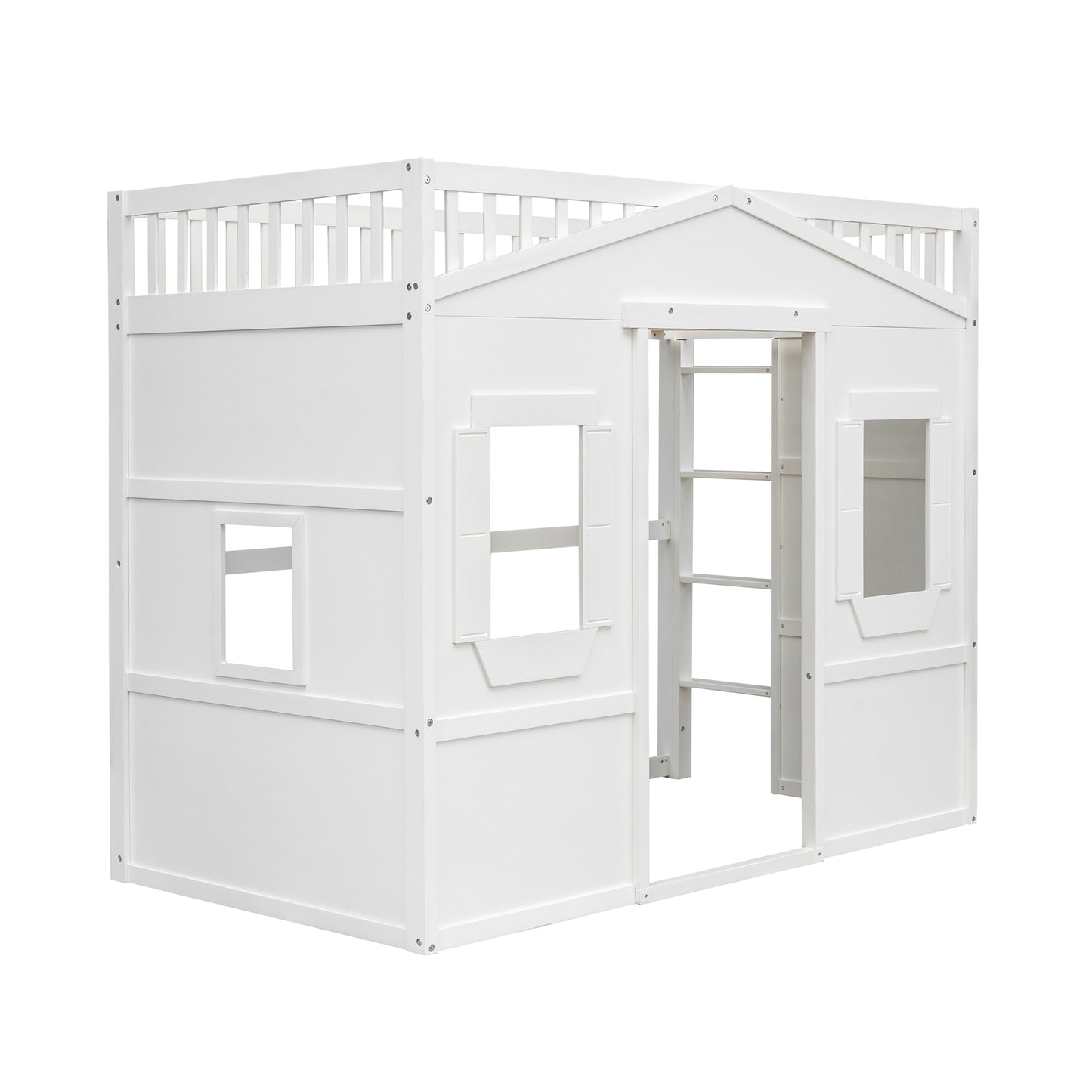 Twin Size House Loft Bed With Ladder-White