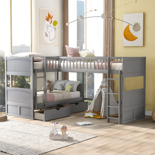 WM Store Twin Size Bunk Bed with a Loft Bed attached, with Two Drawers,Gray