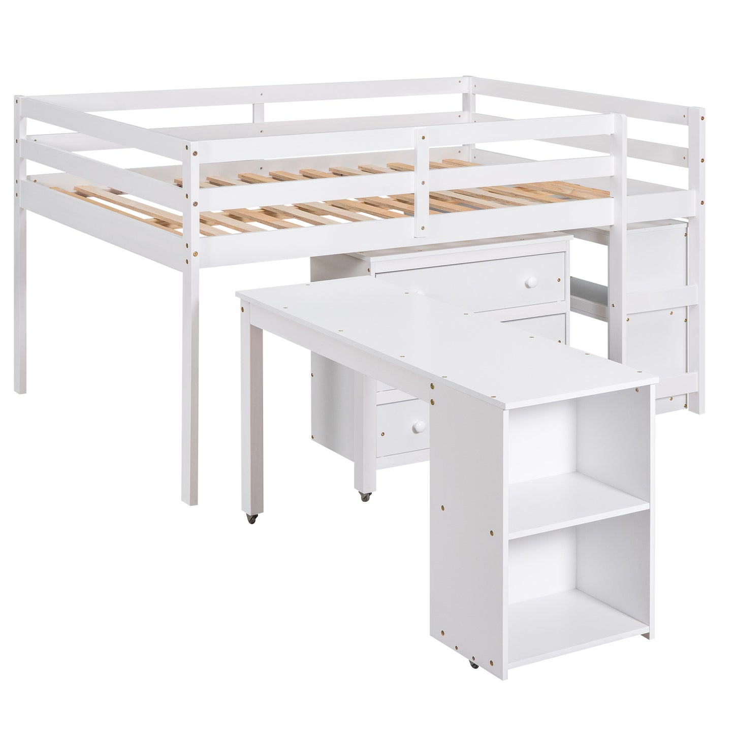 Full Loft Bed with Cabinet ,Shelves and Rolling Portable Desk - White