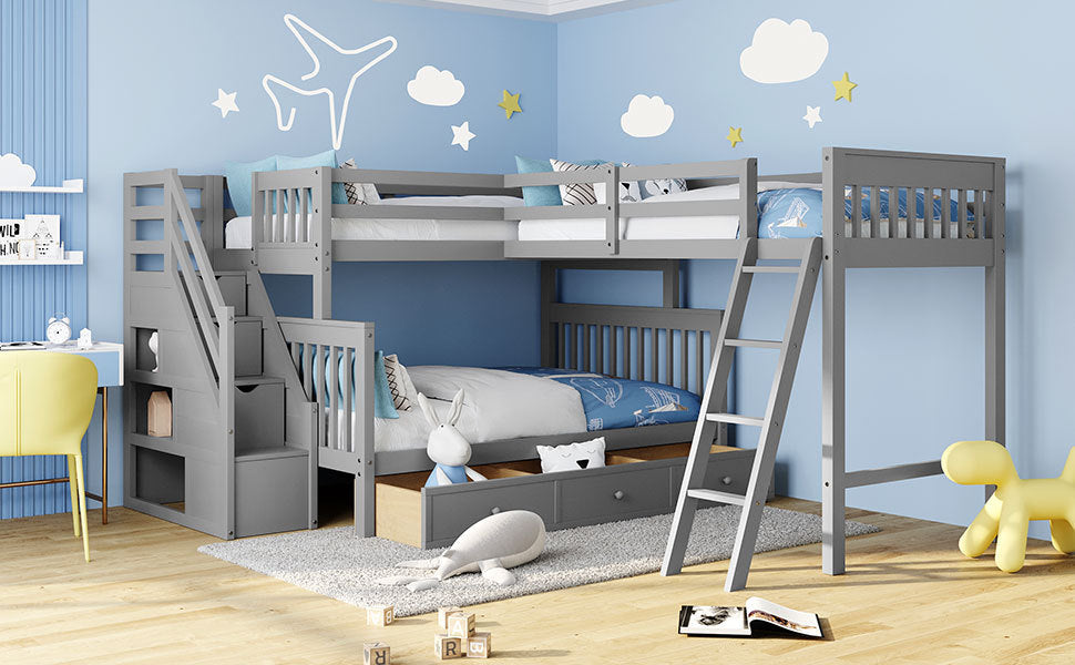 Homey Life Twin over Full L-Shaped Bunk Bed With 3 Drawers, Ladder and Staircase - Gray