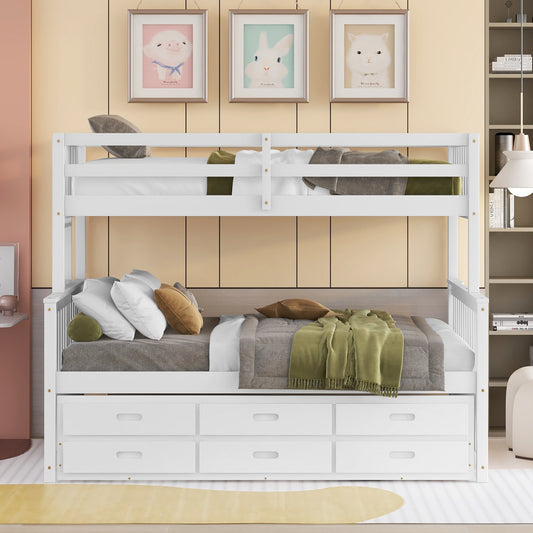 Homey Life Twin-Over-Full Bunk Bed with Twin size Trundle , Separable Bunk Bed with Drawers for Bedroom - White