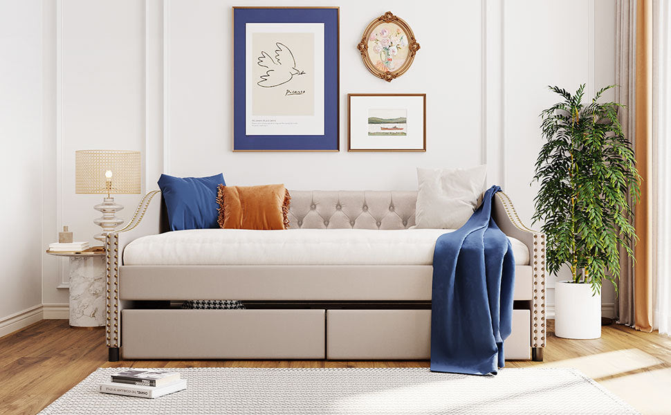 Homey Life Upholstered daybed with Two Drawers, Wood Slat Support, Beige, Full Size