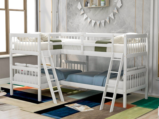 Homey Life Mission Style Twin L-Shaped Bunk Bed with Ladder - White