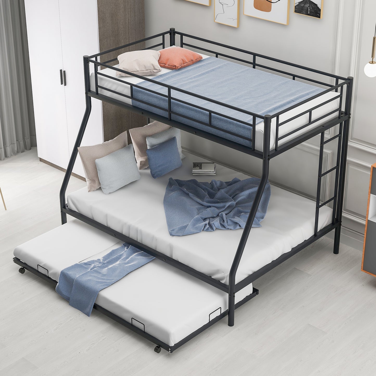 Twin over Full Metal Bunk Bed with Twin Trundle in Black