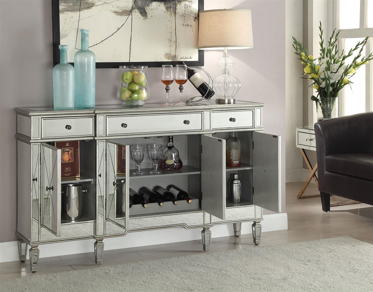 Crysalis Silver-Mirrored Finish Cabinet With Wine Storage