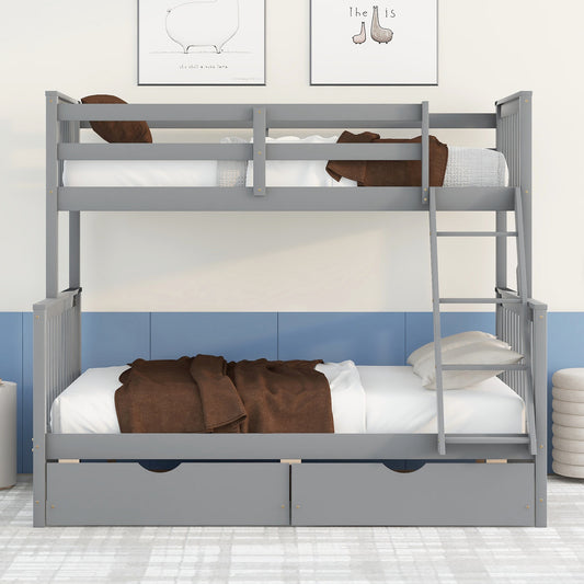 Homey Life Twin-Over-Full Bunk Bed with Ladders and Two Storage Drawers Gray
