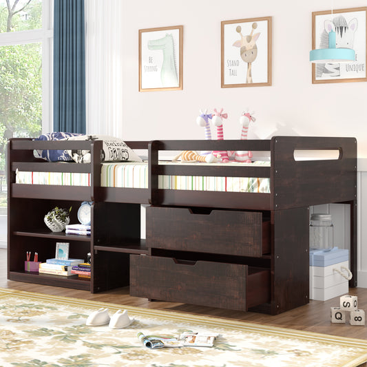 Twin size Loft Bed with Two Shelves and Two drawers Antique Espresso