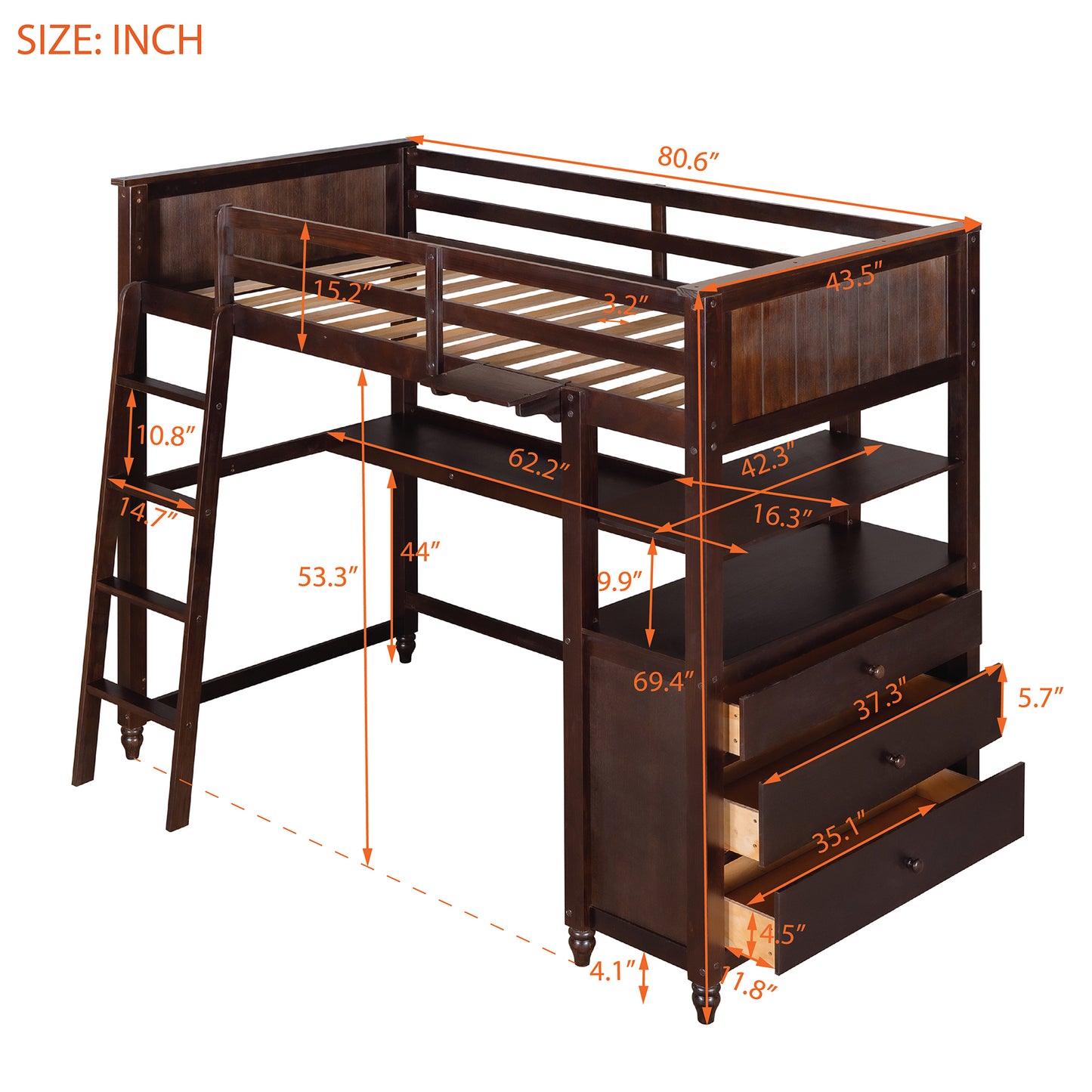 Twin Size Loft Bed with Drawers and Desk - Espresso