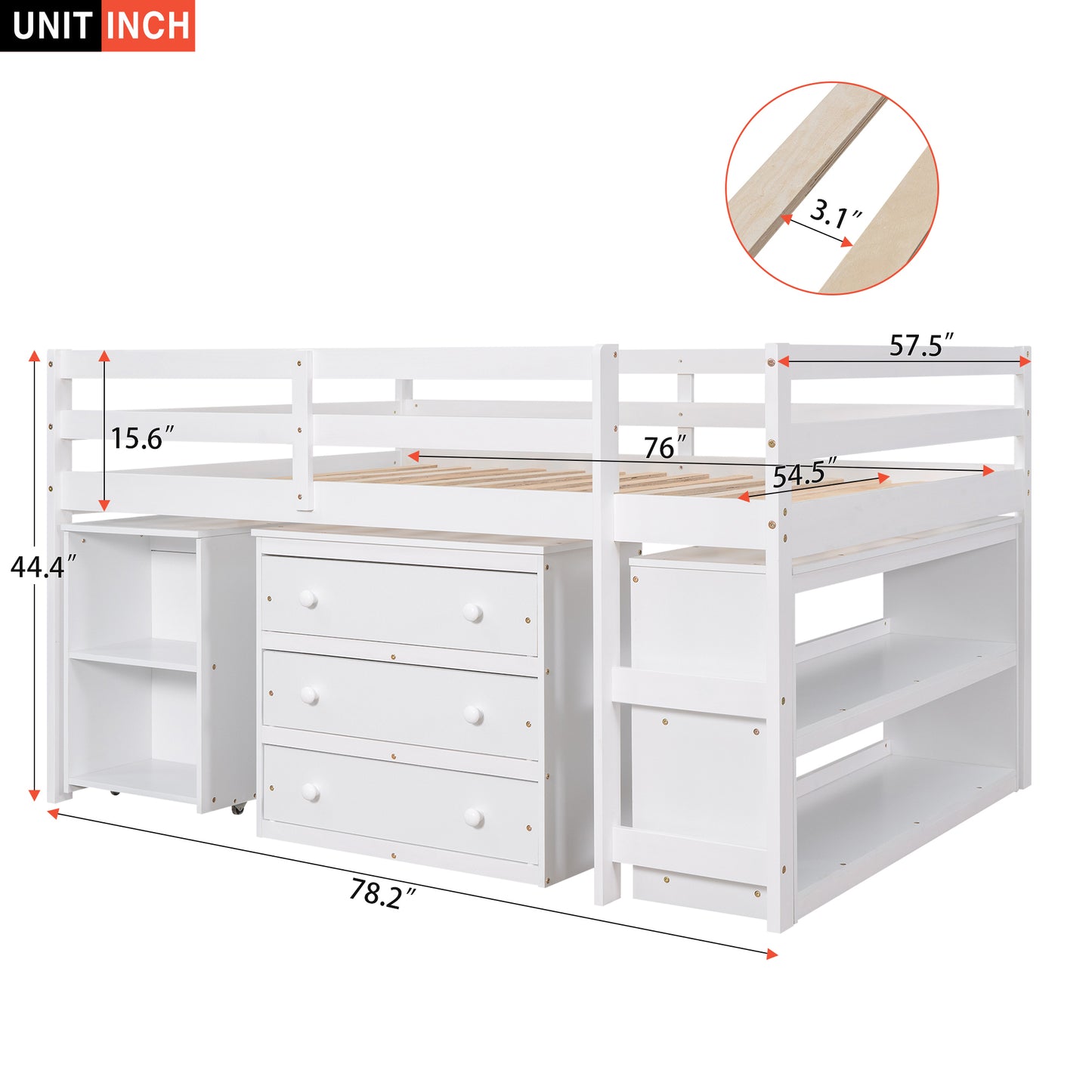 Full Loft Bed with Cabinet ,Shelves and Rolling Portable Desk - White