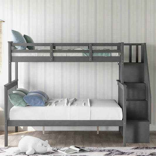 Homey Life Stairway Twin-Over-Full Bunk Bed with Storage and Guard Rail for Bedroom, Gray