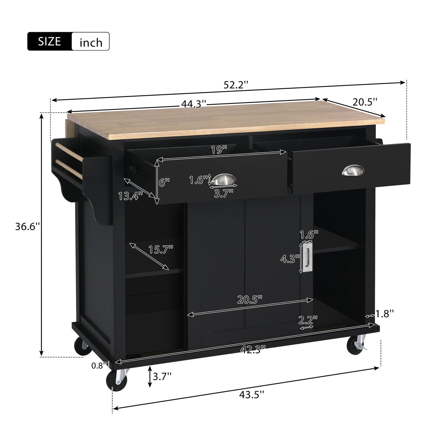 K&K Mobile Kitchen Island Cart with Solid Wood Top- Black