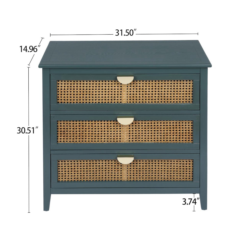Milestone 3-Drawer Cabinet with Natural Rattan Panels - Green