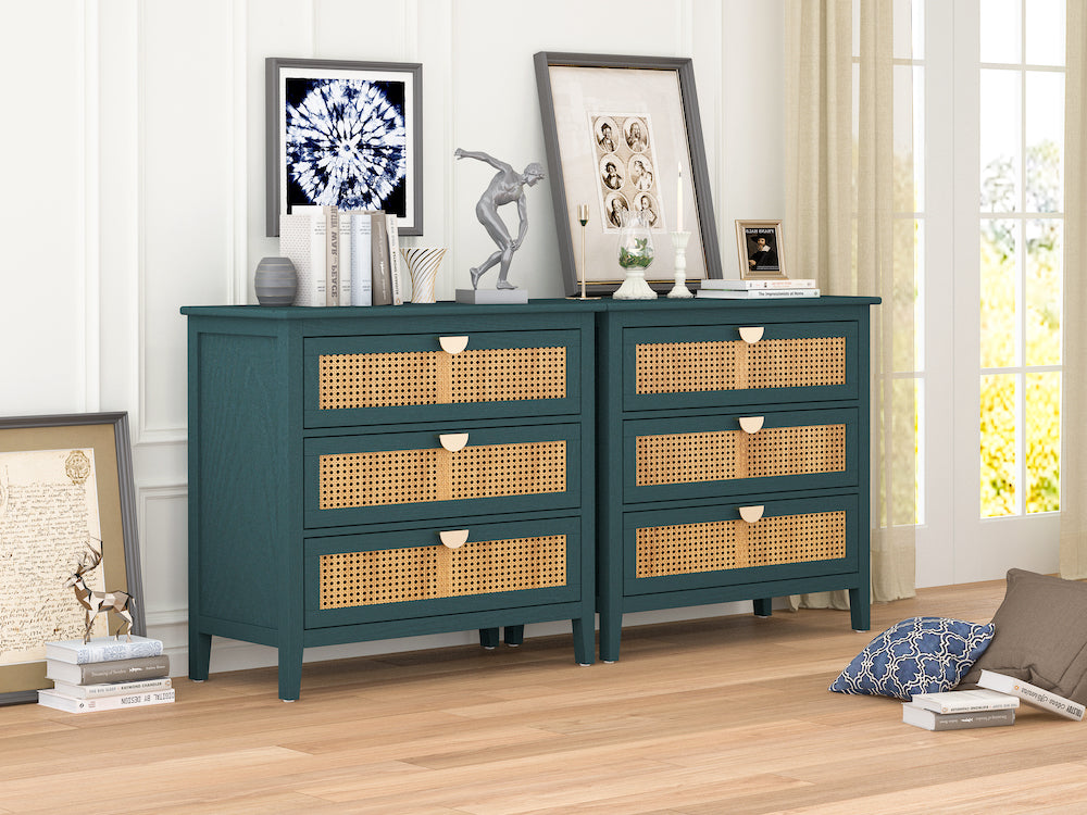 Milestone 3-Drawer Cabinet with Natural Rattan Panels - Green