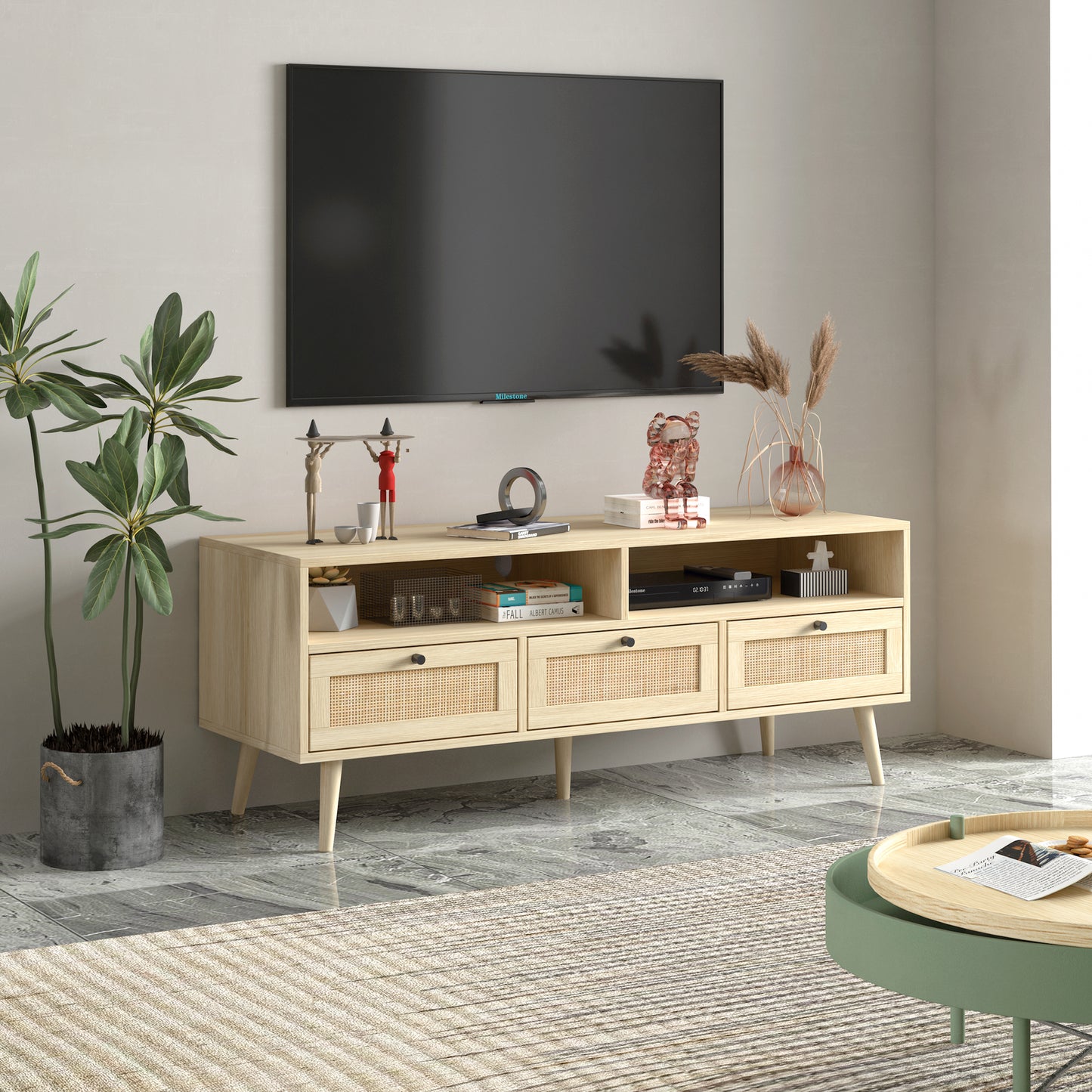 Milestone Natural Finish TV Console with Rattan Drawers