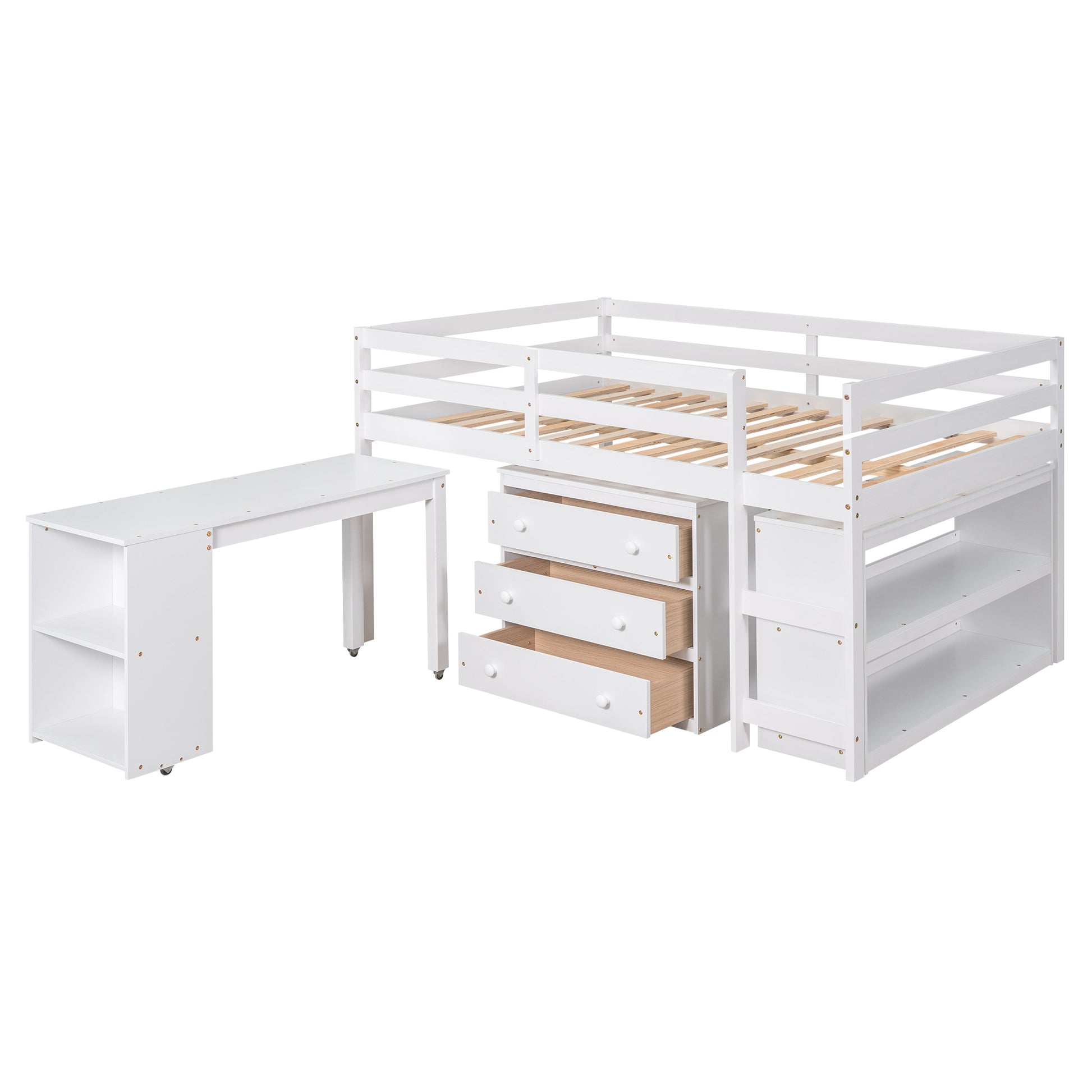 Full Loft Bed with Cabinet ,Shelves and Rolling Portable Desk - White