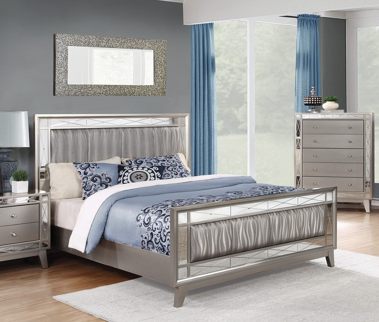 Leighton King Panel Bed With Mirrored Accents Mercury Metallic