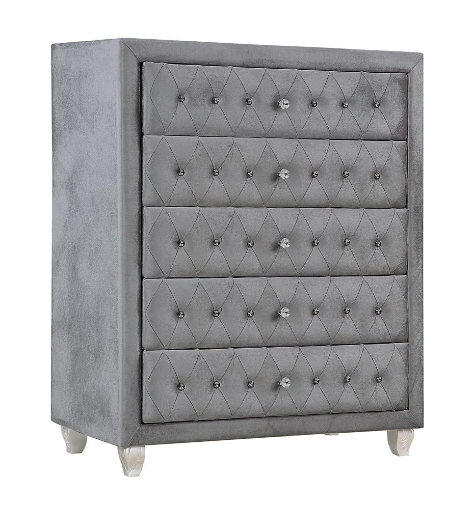 Cerci Tufted Gray Velvet Queen Bed with Carved Silver Feet