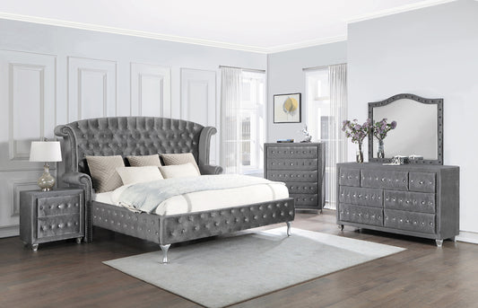 Cerci Tufted Gray Velvet King Bed with Carved Silver Feet