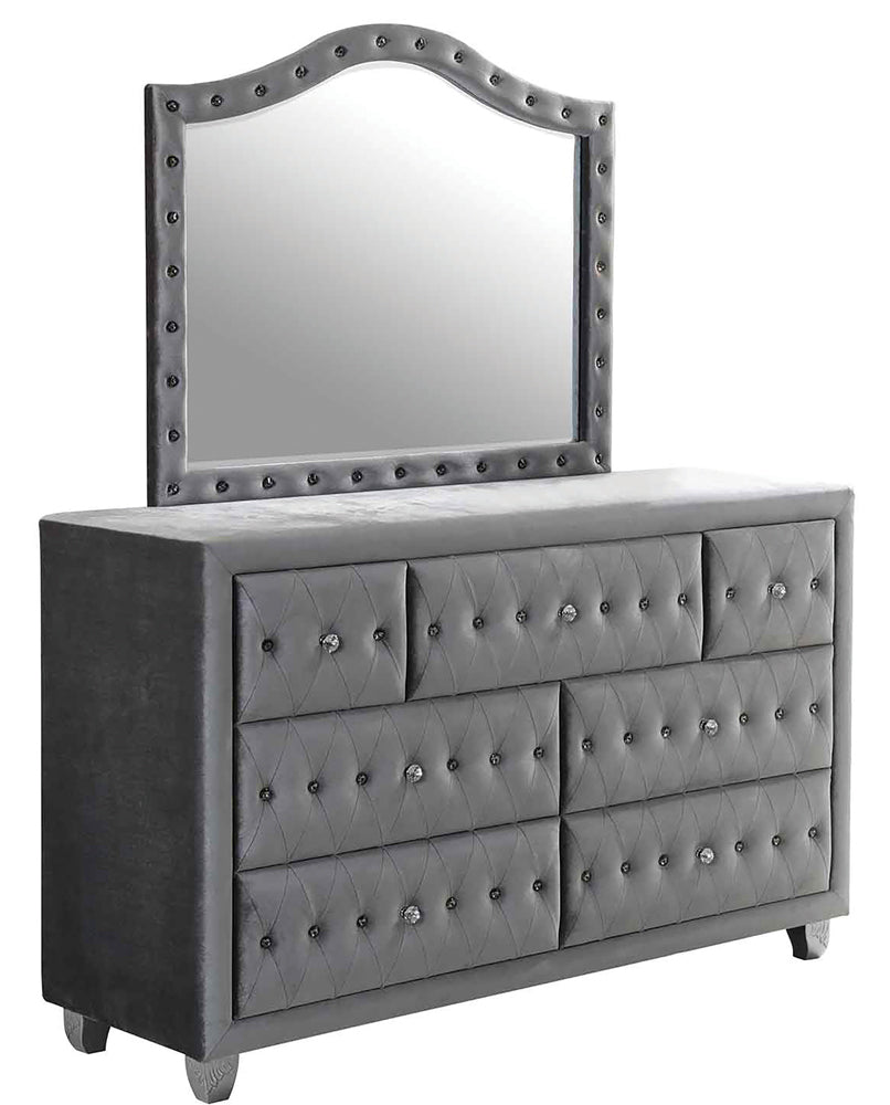 Cerci LuX Grey Velvet Dresser with Acrylic Knobs & Carved Silver Feet