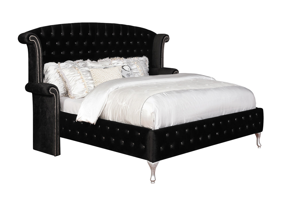 Cerci Tufted Black Velvet Queen Bed with Carved Silver Feet