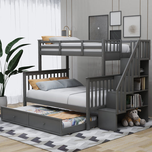 Stairway Twin-Over-Full Bunk Bed with Twin Size Trundle - Gray