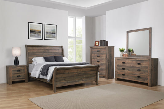Frederick Rustic Plank King Sleigh Bed in Weathered Oak