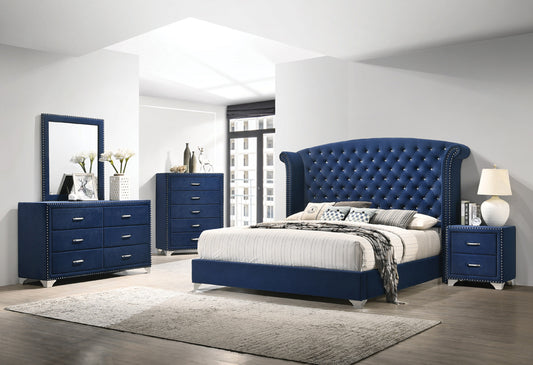 Melody Contemporary Studded Wingback Upholstered Bed Pacific Blue