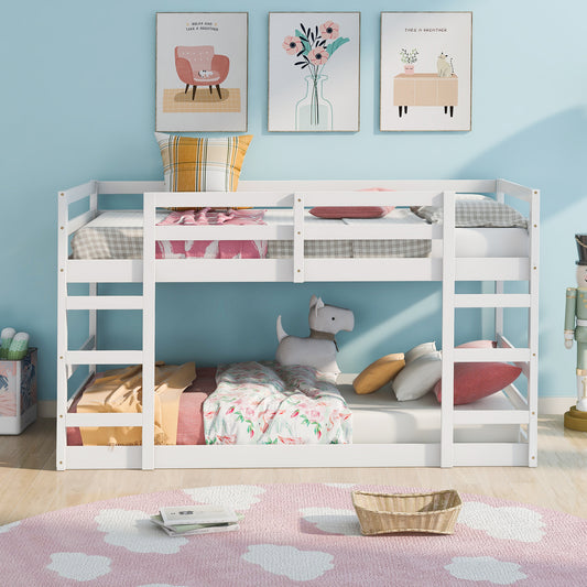 Homey Life Twin Over Twin Bunk Bed with Ladder, White
