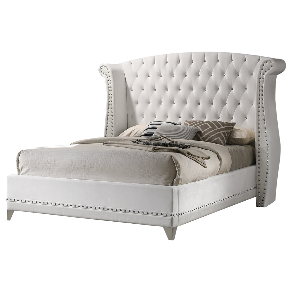 Barzini Modern White Velvet Queen Bed with Silver Stud Trim & Chrome Feet