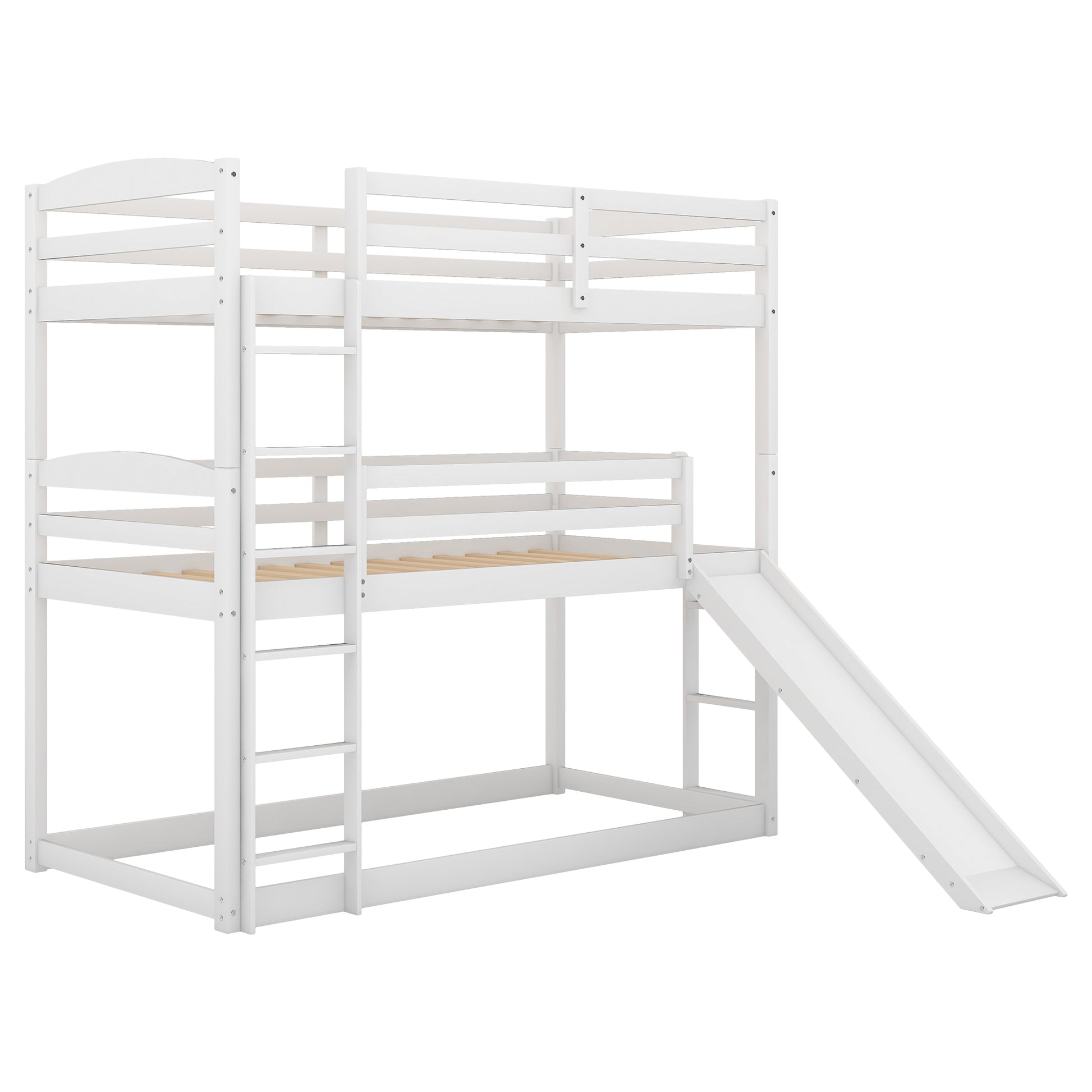 Twin over Twin over Twin Adjustable Triple Bunk Bed with Ladder and Slide in White