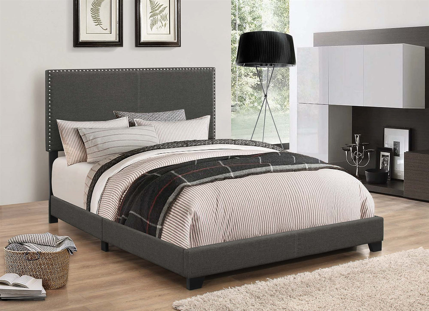 Indi Charcoal Grey Upholstered Queen Bed with Nailhead Trim