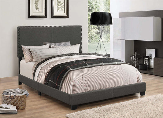 Indi Charcoal Grey Upholstered Queen Bed with Nailhead Trim
