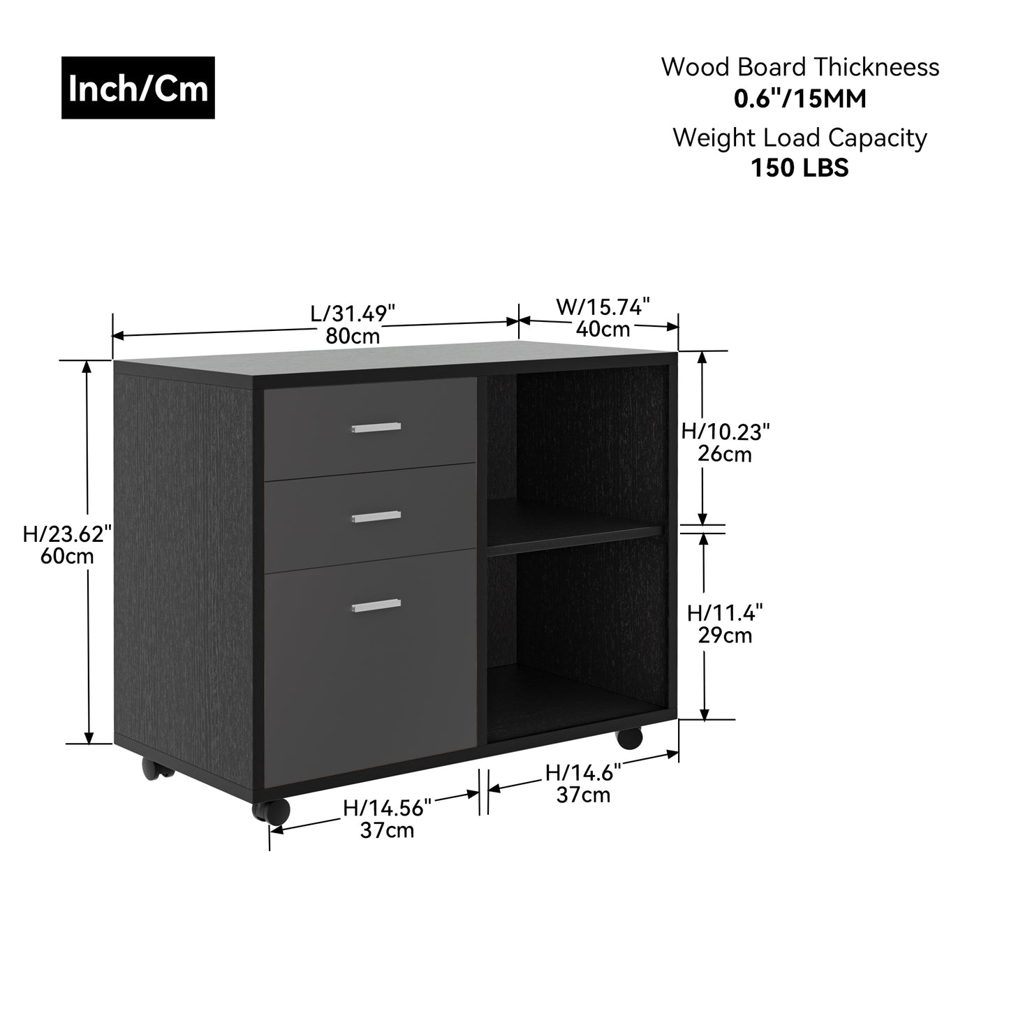 File Cabinet with 3 Drawer Mobile Lateral Filing Cabinet/Storage Cabinet for Home Office Black & Dark Grey