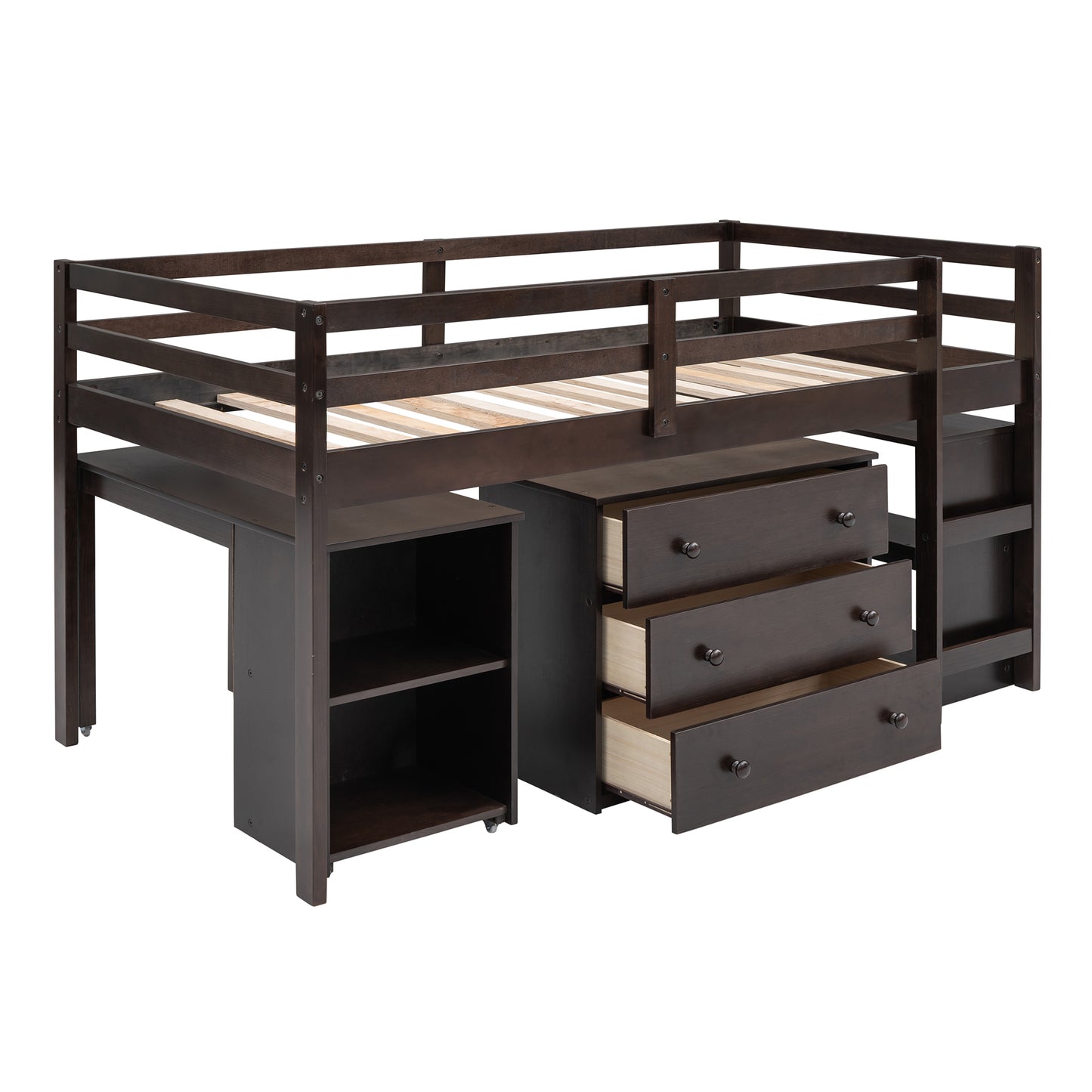 Low Study Twin Loft Bed with Cabinet and Rolling Portable Desk - Espresso