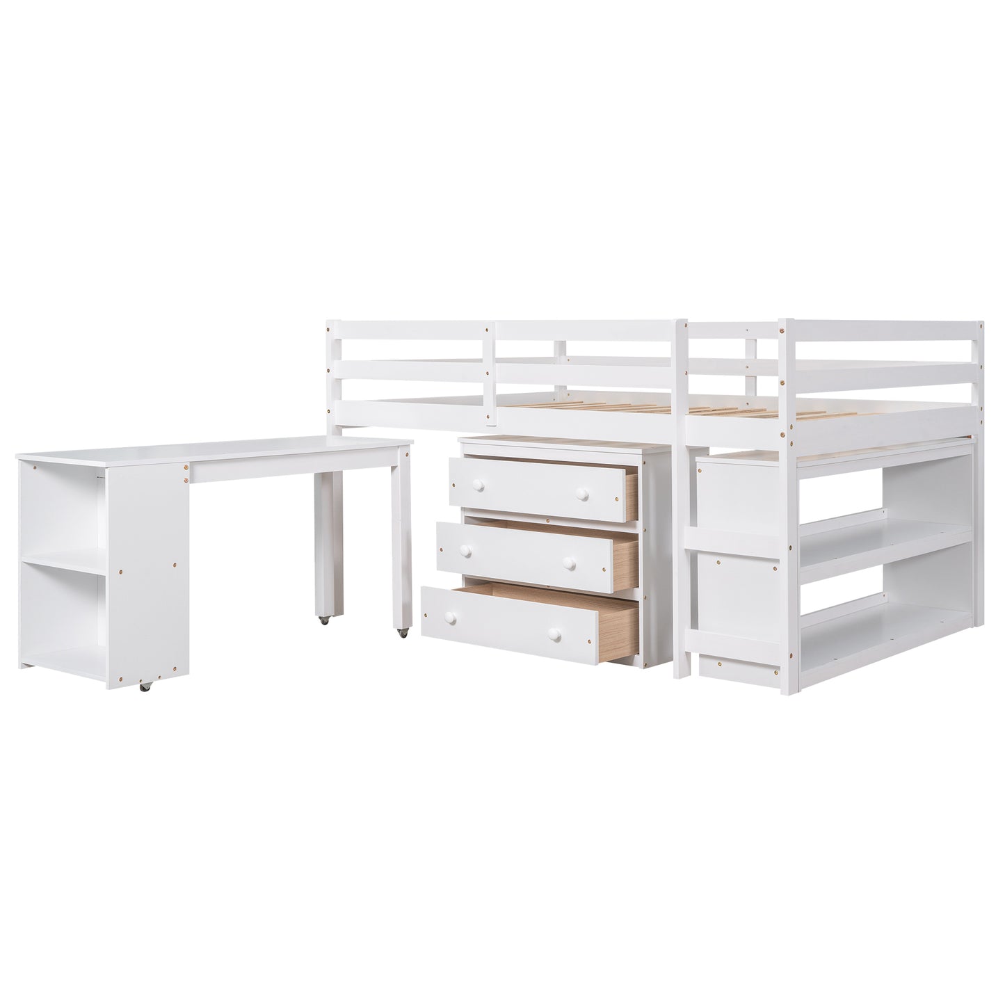 Full Loft Bed with Cabinet ,Shelves and Rolling Portable Desk - White