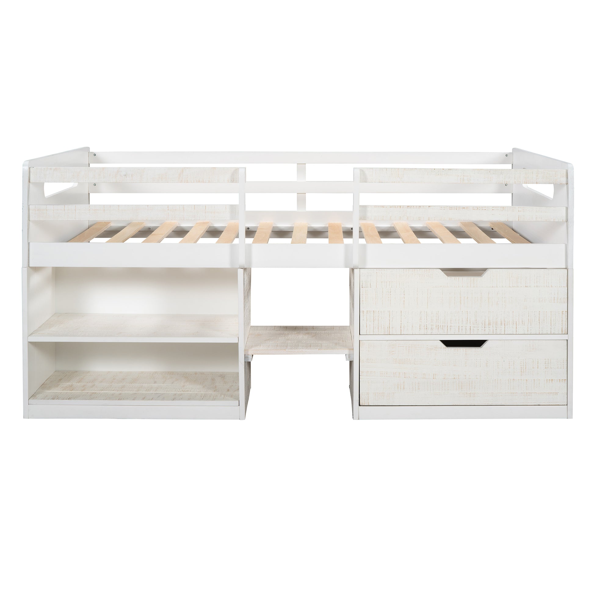 Twin Size Loft Bed with Two Shelves and Two drawers Antique White