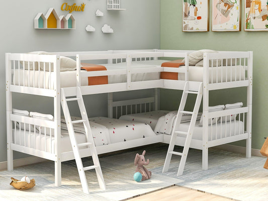 Homey Life Mission Style Twin L-Shaped Bunk Bed with Ladder - White
