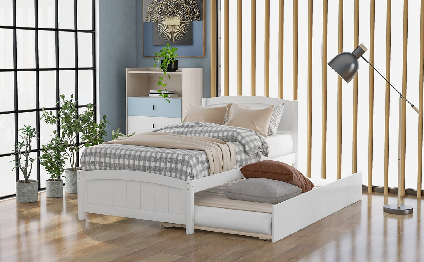Homey Life Twin size Platform Bed with Trundle, White