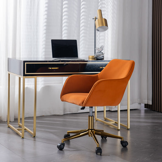 Modern Swivel Office Chair in Orange Velvet with Gold Base