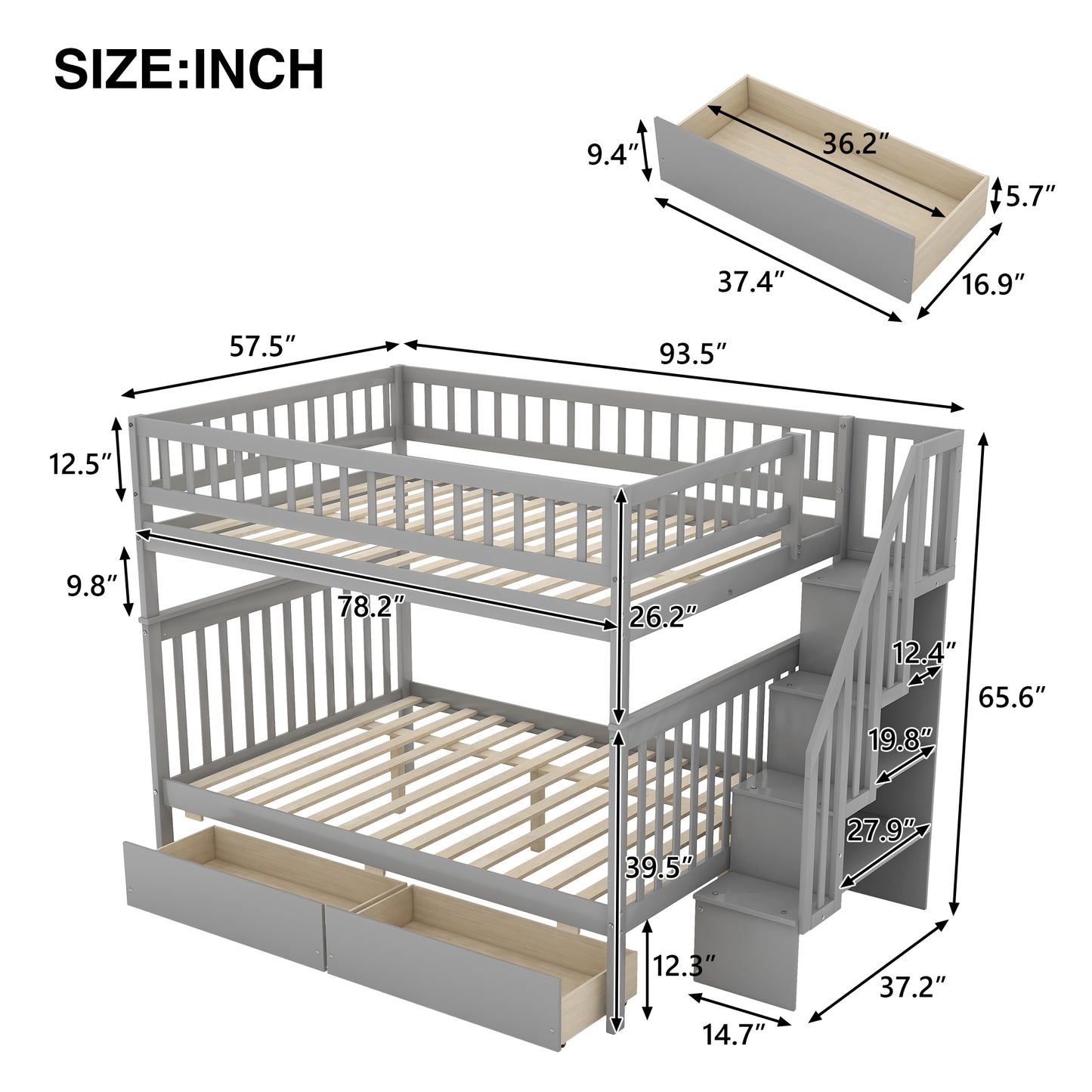 WM Store Full over Full Bunk Bed with Two Drawers and Storage, Gray