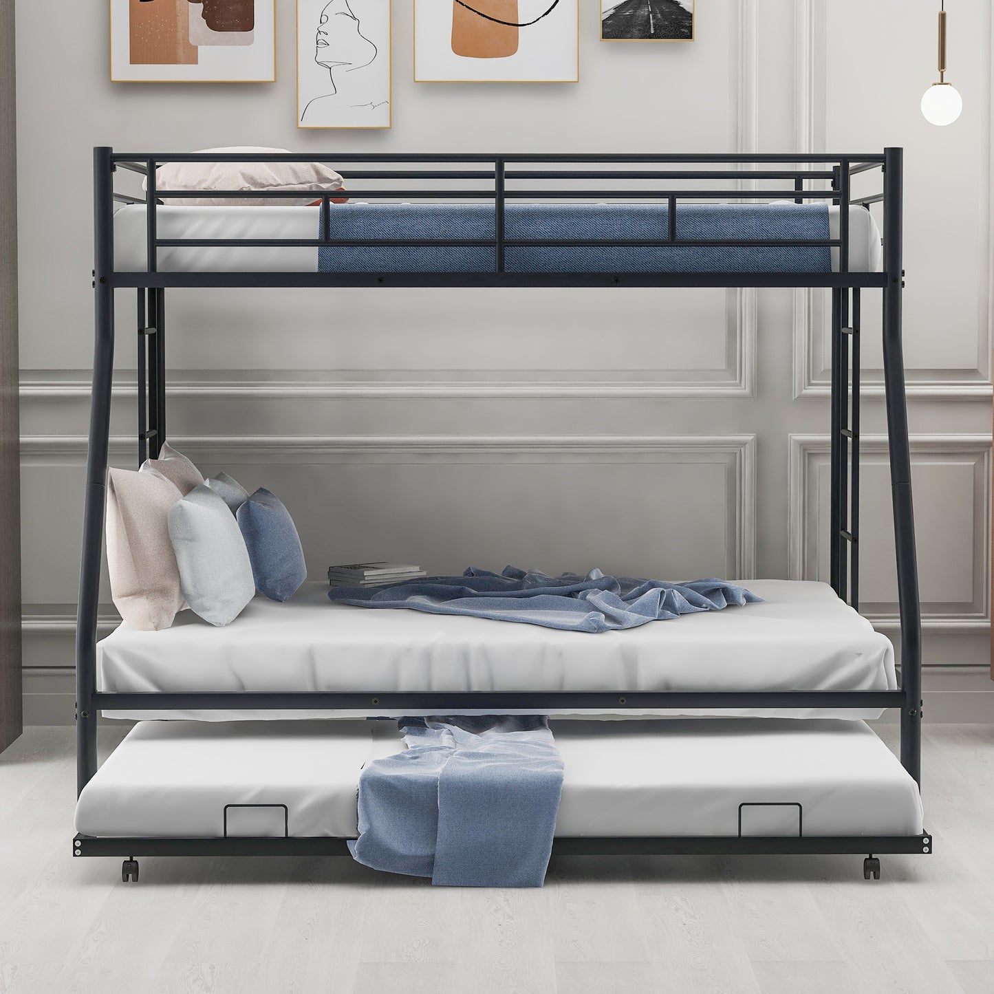 Twin over Full Metal Bunk Bed with Twin Trundle in Black