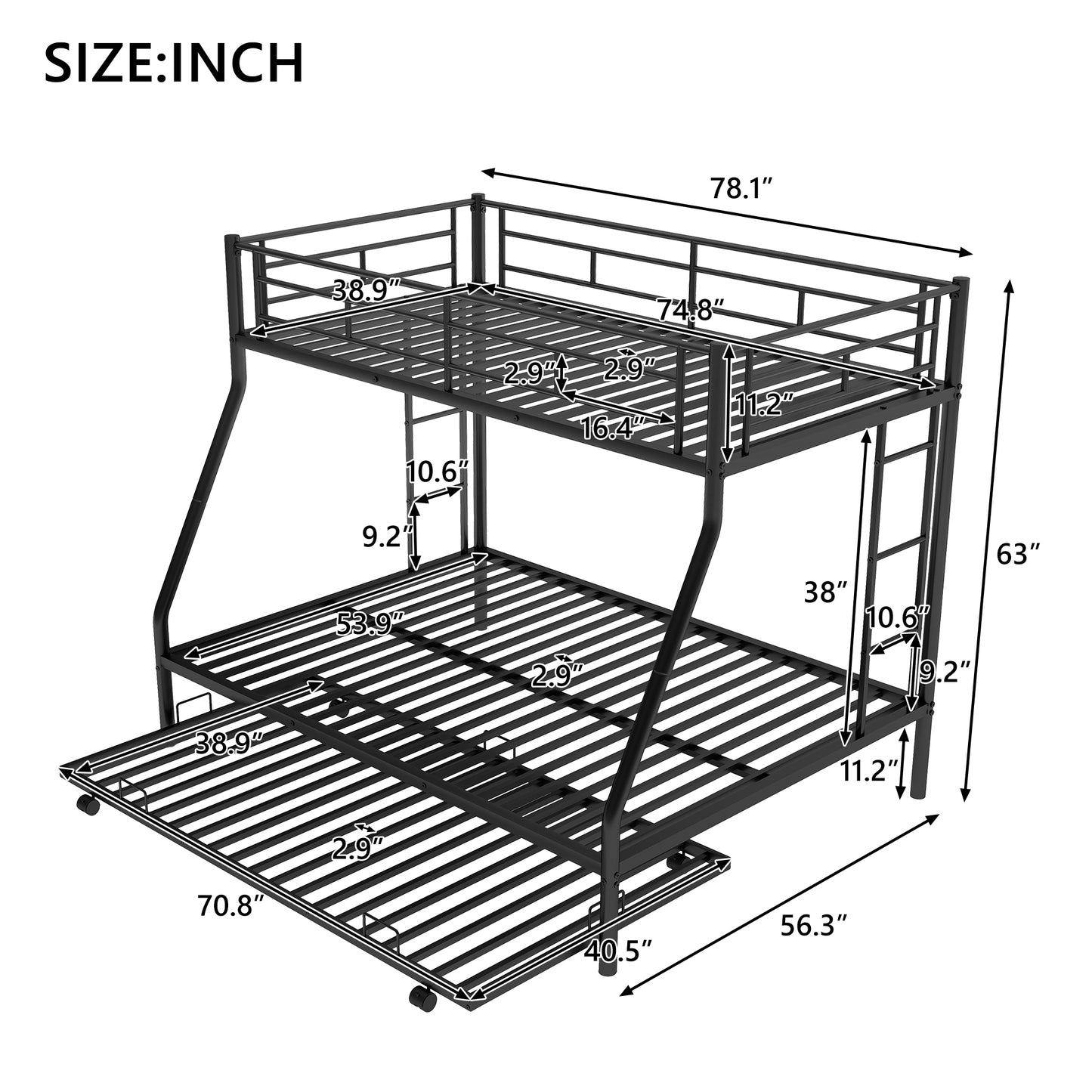 Twin over Full Metal Bunk Bed with Twin Trundle in Black